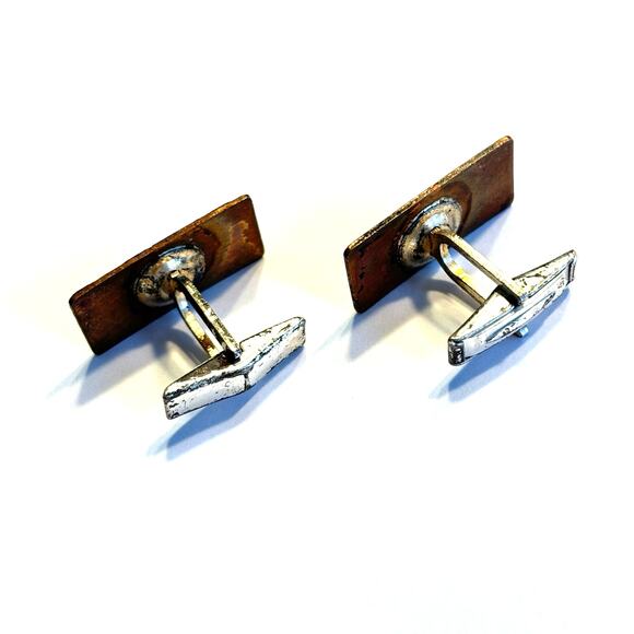 Enamel & copper cufflinks vintage mid century artisan unique rectangles dark red - Picture 3 of 5
